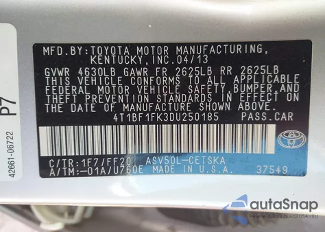 2013 Toyota Camry Se z USA, uszkodzony, nr VIN 4T1BF1FK3DU250185